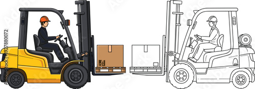 Forklift truck operator transporting cargo pallet boxes, warehouse logistics concept, industrial vehicle illustration, loading equipment vector, coloring outline version isolated