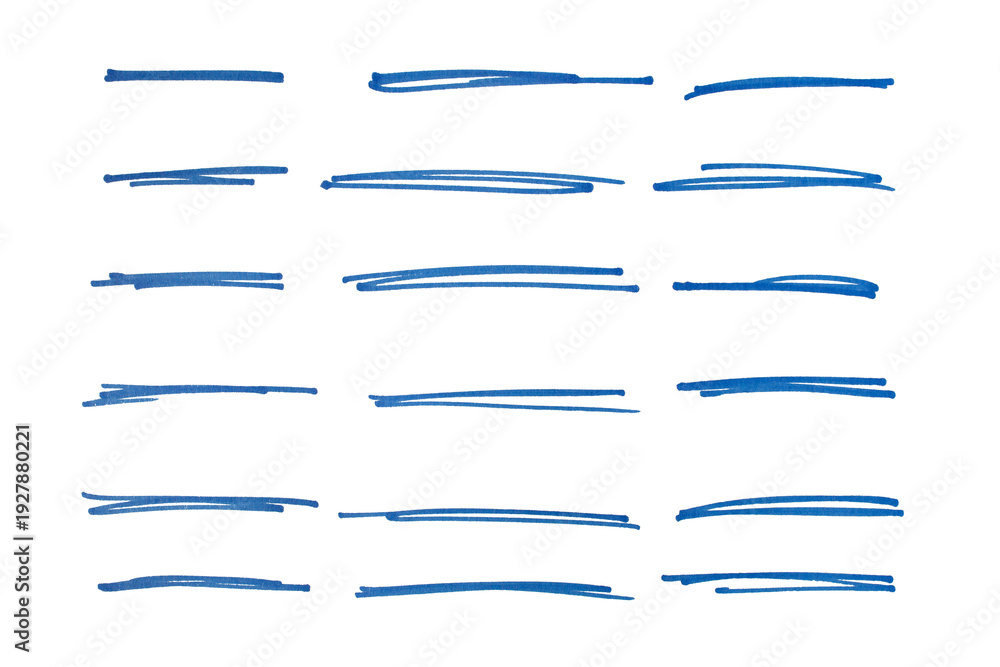 Fototapeta premium Set of blue hand drawn marker pen stroke line transparent background design element doodle scribble underline