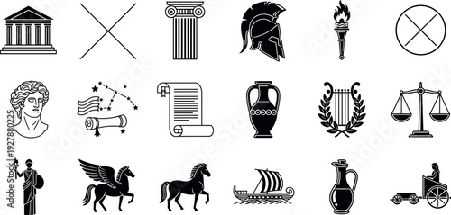 Ancient Greek and Roman Civilization Icon Set Featuring Classical Architecture, Mythology, Philosophy, Justice, War, and Historical Symbols in Vector Style
