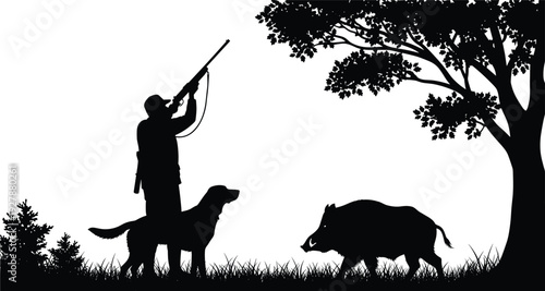 Black silhouette of a hunter aiming rifle with hunting dog and wild boar in forest, outdoor sporting activity, wilderness adventure vector