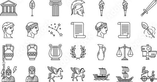 Ancient Greek and Roman Icon Set with Mythology, Philosophy, Architecture, and Classical History Symbols for Education, Museums, Books, and Vector Designs