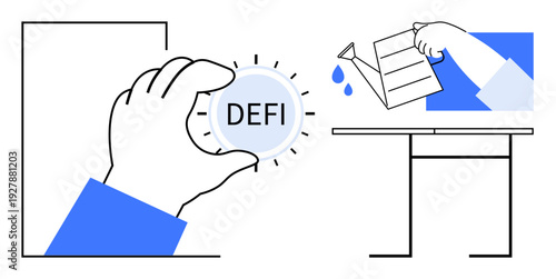 Decentralized finance, investment growth, financial management, blockchain solutions, fintech innovation, digital currency. Hand holding Defi coin and watering plant concept. Decentralized finance
