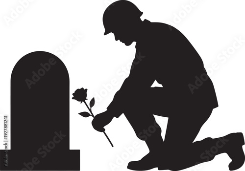 Memorial Day Soldier Placing Flower at Grave Silhouette Vector Illustration.