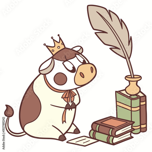Cute SVG of a Bashful Cow in Vintage Library colors, featuring with a tiny crown in a Vintage Library setting