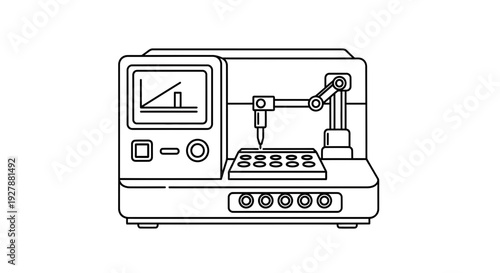 Automated Medical Device with Robotic Arm and Digital Display - Line Art