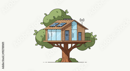 Modern Sustainable Treehouse Illustration with Solar Panels and Large Glass Windows