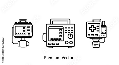 Medical Equipment Icons: ECG, Monitor, Defibrillator Line Art