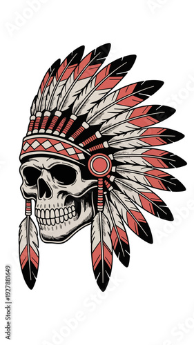 Skull Headdress: A striking illustration of a skull adorned with a vibrant, detailed headdress of feathers, evoking themes of heritage and symbolic representation.