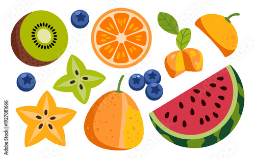 Vibrant Fruit Assortment: A captivating medley of colorful fruit slices, bursting with freshness and flavor, inviting a celebration of natural sweetness.