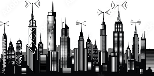 City skyline illustration, skyscrapers, antennas, wireless signals, modern urban landscape, communication technology, connected infrastructure, design, waves, metropolitan architecture, innovation