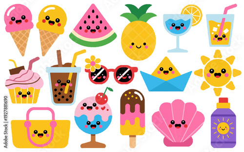 Sweet Summer Delights: A collection of adorable, cartoonish summer-themed treats, each with its own cute expression and charm. perfect for illustrating the fun of summer.