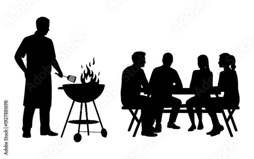 BBQ Silhouette Gathering: A group of friends and family gathered in the open air, enjoying a delightful BBQ, a symbol of togetherness and relaxation.