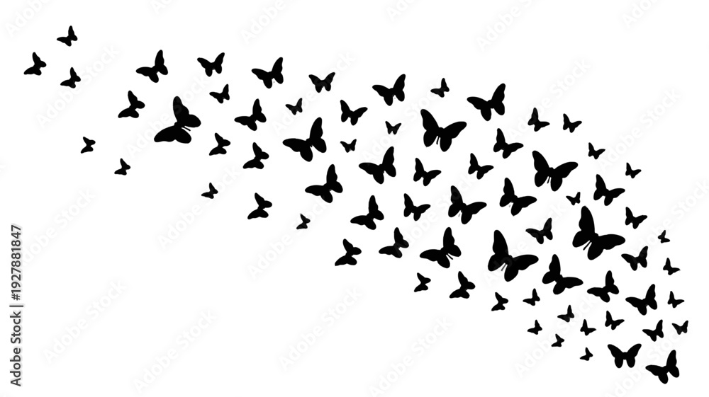Obraz premium Swarm of silhouette Butterflies: A mesmerizing display of silhouette butterflies takes flight, evoking a sense of grace and transformation against the bright.