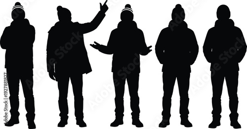 Black Silhouette of Men in Winter Clothes and Beanie Hats Standing in a Row for Cold Weather Fashion and Season