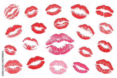 Kiss Impression Collection: A collection of various red lip prints, showcasing diverse shapes and expressions, ideal for conveying affection and love.