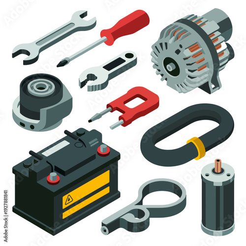 Mechanical Marvels: A detailed illustration of various tools and automotive components. showcasing the complexity and precision of engineering and mechanic.