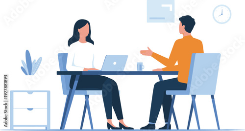 Business interview meeting scene, manager talking with candidate at office desk, recruitment hiring concept icons, flat vector illustration