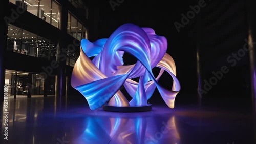 Abstract sculpture illuminated at night in modern architecture