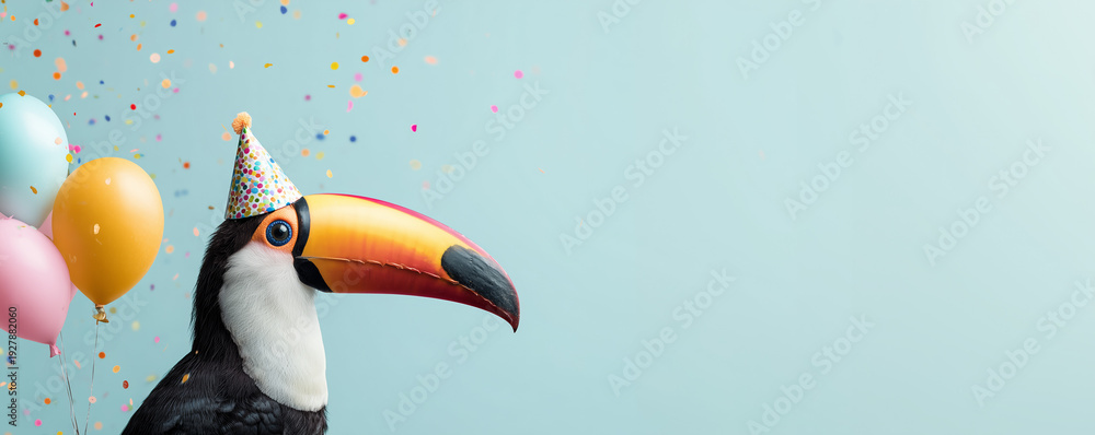 Naklejka premium Funny toucan bird wearing hat with happy birthday balloons, hat and confetti explosion flying around greeting card on pastel blue background with copy space.