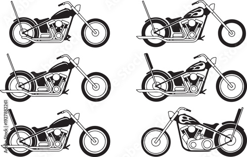 A collection of six different custom chopper style motorcycles depicted in detailed black and white line art