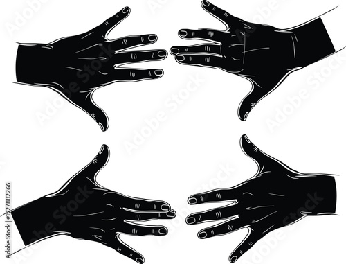 Black Silhouette Vector of Four Human Hands Reaching Toward Center Representing Teamwork Unity Cooperation Partnership Support Connection and Community Social Interaction