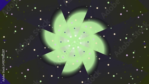 Abstract green flower rotating with white dots on dark background.