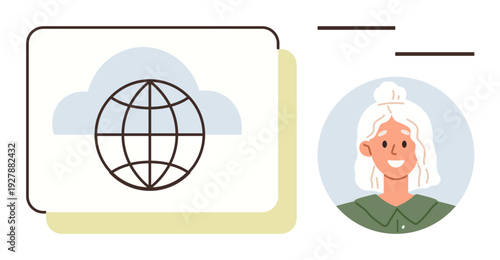 Digital identity, global access, cloud services, networking, online presence, user profile. Globe inside a cloud and a user icon. Digital identity and global access concept