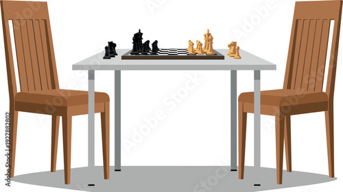 Chess board with pieces on white table and two wooden chairs illustration