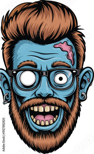 Cartoon zombie hipster head with beard, glasses, exposed brain and creepy teeth, humorous Halloween horror illustration for spooky design projects