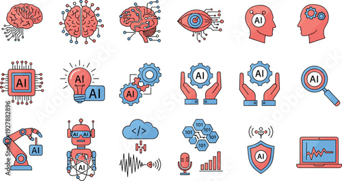 Artificial Intelligence and Machine Learning Icon Set Featuring AI Brain, Automation, Neural Networks, Data Analysis, Robotics, and Technology Concepts for Digital Design