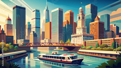 Very beautiful close-up riverfront portrait of Chicago skyline with sightseeing cruise boats gliding along the Chicago River, framed by historic bridges and towering glass architecture.