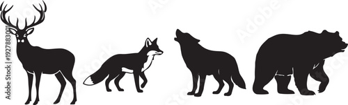 forest animal silhouette group deer fox wolf bear