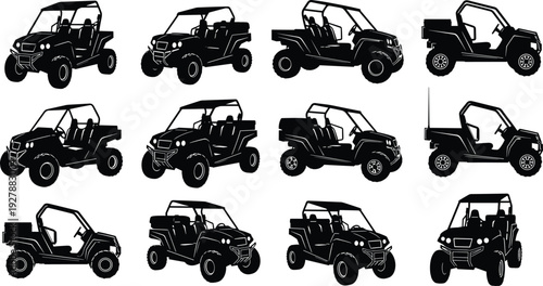 Black-and-white vector silhouette illustration of twelve off-road utility vehicles (UTVs) in varied designs and angles, symbolizing adventure, transport, motorsport, and rugged outdoor lifestyle