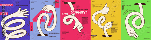 A series of colorful posters featuring abstract hand illustrations with playful gestures. Each design incorporates bold typography and vibrant backgrounds, creating a modern aesthetic.