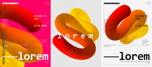 Abstract 3D shapes in vibrant orange and yellow hues create a dynamic visual effect. The design features modern typography and a futuristic date, enhancing its contemporary appeal.
