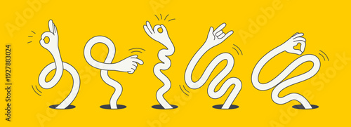 Illustration of five cartoon hands emerging from holes, each making different gestures against a bright yellow background. The playful design conveys creativity and fun.