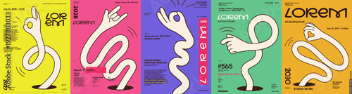 Colorful abstract posters featuring elongated, stylized hands making various gestures. Each design incorporates bold typography and vibrant backgrounds, creating a modern aesthetic.