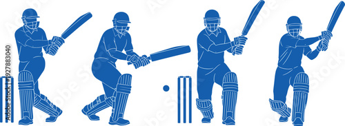 Cricket batsman blue silhouette set with player hitting ball in different batting poses