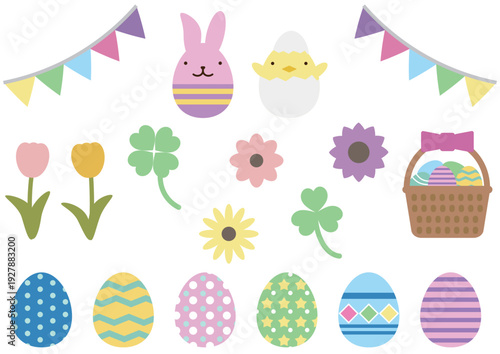 ウサギやヒヨコや卵やクローバーなどの春の素材が入ったイースターイラストセット