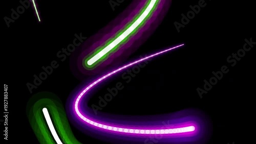 Abstract neon light trails on black background, dynamic movement.