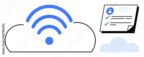 Blue wireless signal over cloud and user record sheet with checkmarks emphasizing connectivity, data security, and remote access. Ideal for technology, cloud storage, communication, digital network