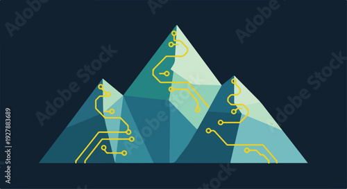 Abstract Digital Technology Landscape with Low Poly Mountains and Circuit Board Traces