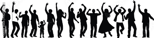 Black silhouettes of a large group of diverse people dancing and celebrating, crowd of happy friends partying, unity and community vector