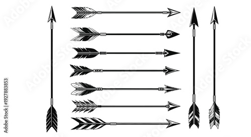 Collection of diverse vintage arrow vector illustrations with different feathered fletching and arrowheads design.