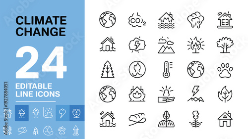 Climate change line icons set representing global warming environment pollution and sustainability concept