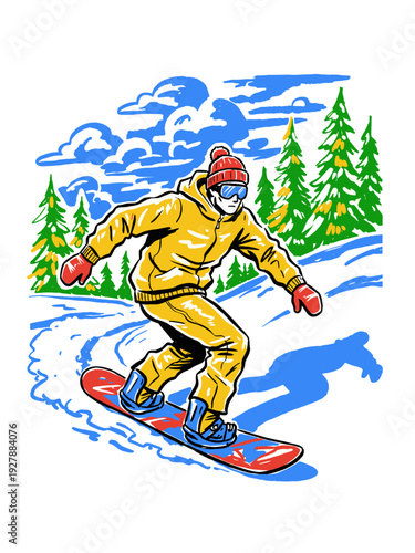 Dynamic snowboarder illustration in vibrant colors. Winter mountain adventure sport. Hand-drawn graphic vector art.