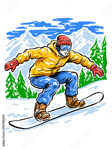 Dynamic snowboarder riding down snowy mountain illustration. Winter extreme sport vector graphic. Cold weather recreation and adventure concept.