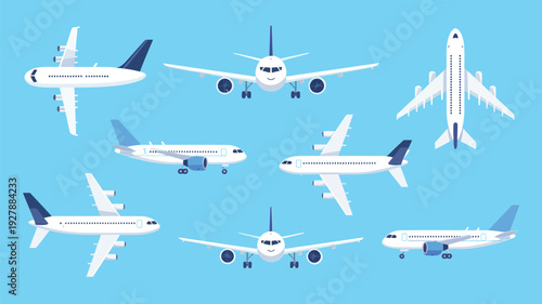 Airplane flying icons set with different aircraft views for aviation travel and transport concept