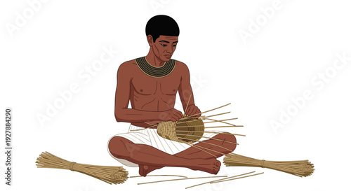 Ancient Egyptian Man Weaving Basket Sitting.