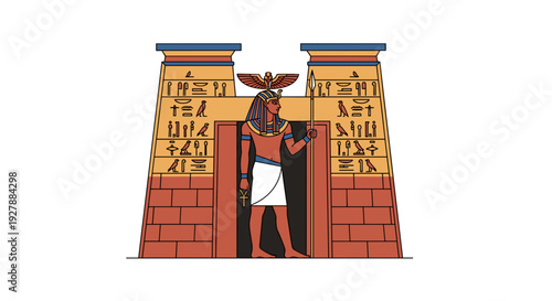 Ancient Egyptian Pharaoh Standing Between Temple Pillars.